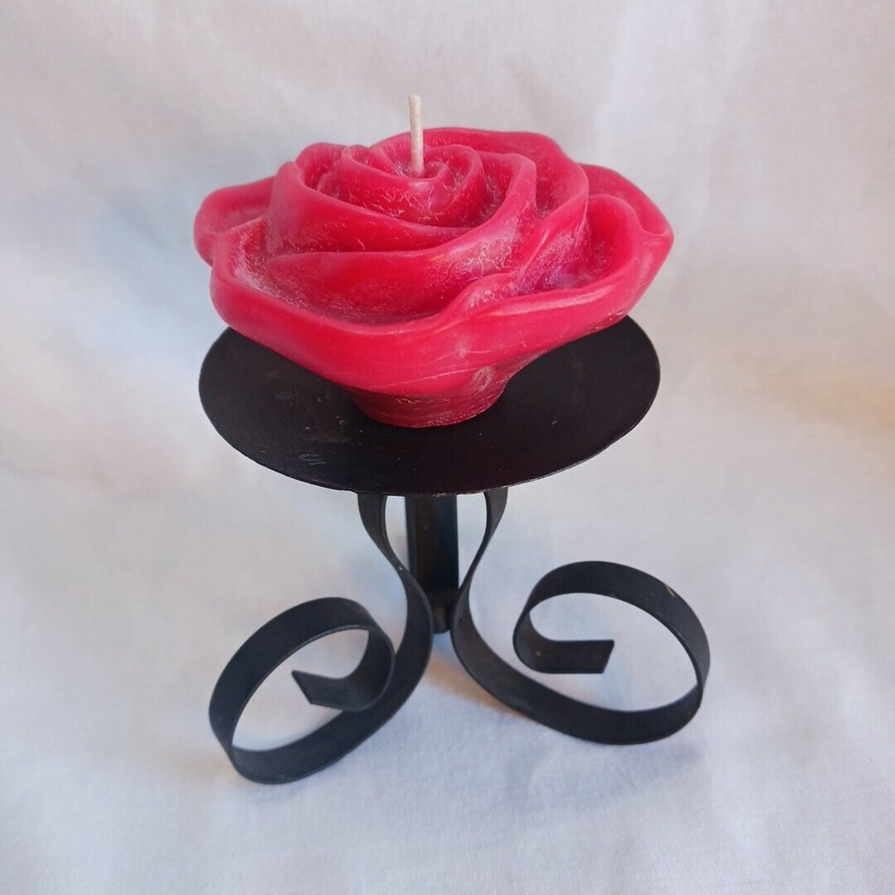 Vintage Red Rose Scented Wax Candle Black Metal Stand